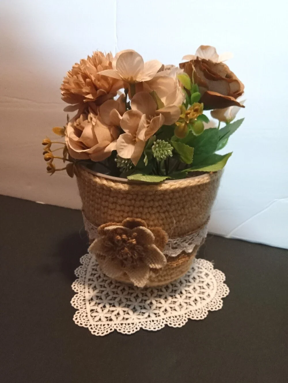 Hand Crocheted Neutral Tan Flower Pot with Decorative Burlap Trim